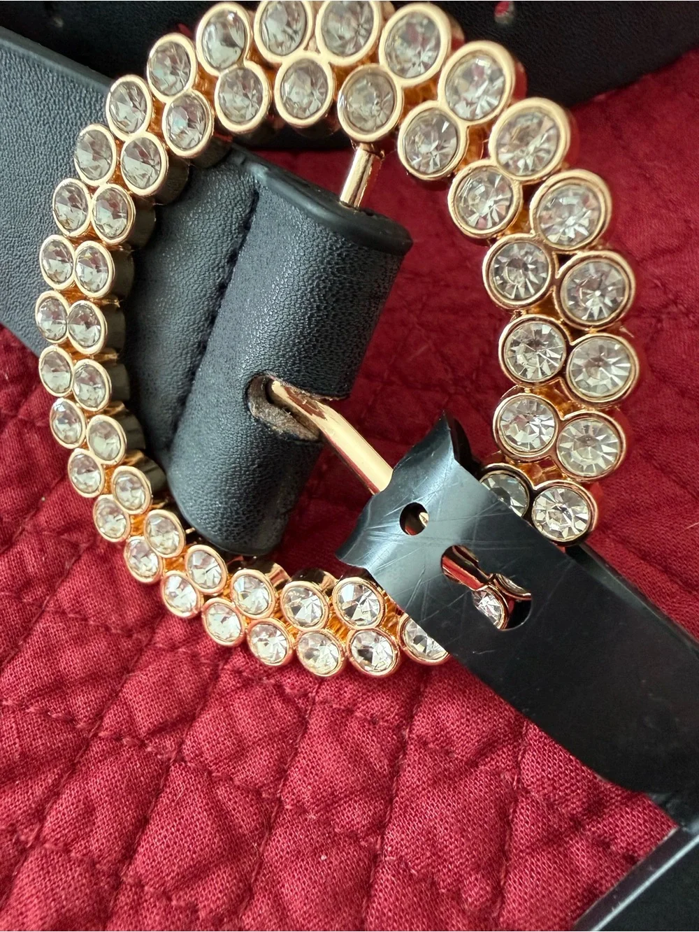 Black Women's Belt with Gold Crystal Oval Buckle